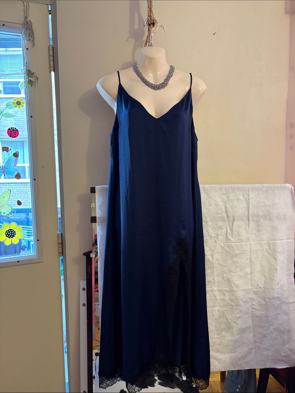 Wilfred Navy Slip Maxi Dress with Lace Hem